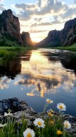 Dramatic sunset over mountain canyon with river reflection and wild daisies in foreground, golden light illuminating rocky cliffs and peaceful water surface.