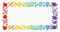 Colorful education icons frame border with school supplies, books, globes and graduation caps on white background for academic design projects.