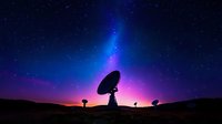 Silhouette of radio telescope array against vibrant night sky with aurora borealis, stars and purple-blue cosmic glow creating dramatic astronomical scenery.