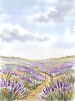 Watercolor painting of rolling hills covered in blooming lavender fields with winding dirt path, soft clouds, and golden wheat, suitable for home decor and travel art.