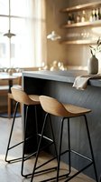 Modern kitchen island with wooden bar stools, concrete countertop, and pendant lighting. Bright, minimalist interior design featuring open shelving, natural light, and contemporary home decor styling.