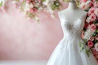 White lace wedding dress on mannequin against pink floral background with roses and soft bokeh, elegant bridal fashion display for wedding boutique.