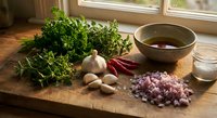 Fresh herbs parsley cilantro with garlic red chili peppers diced onions and olive oil on rustic wooden cutting board near kitchen window for cooking preparation.