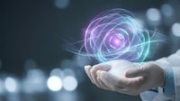 Businessman hand holding glowing purple energy sphere with light trails on blurred background for technology and innovation concepts.