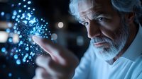 Mature bearded scientist in white coat examining glowing blue holographic data visualization, dramatic lighting creates futuristic atmosphere for technology concept.