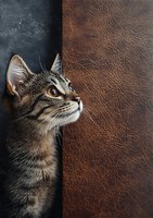 Curious tabby cat peeking from behind dark wall against brown leather background, profile view showing bright amber eyes and alert expression.