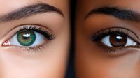 Close up of two different colored eyes showing genetic diversity - one bright green and one dark brown with long eyelashes and defined eyebrows.