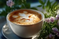 Fresh cappuccino with leaf latte art pattern in white ceramic cup on saucer, surrounded by delicate pink wildflowers in soft morning light.