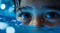 Close up view of bright blue eyes partially submerged in crystal clear water with light bokeh effects creating dreamy underwater atmosphere. Artistic portrait photography.