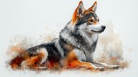 Majestic wolf with orange and gray fur lying down in artistic watercolor style against neutral background, wildlife art with splatter effect and soft edges.
