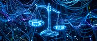 Digital justice scales glowing in blue neon light surrounded by network connections and data streams for legal technology and cyber law concepts.