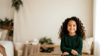 Young girl with curly dark hair and medium skin tone, wearing green ribbed sweater, smiling indoors with holiday decorations and potted plants in blurred background.