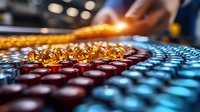 Pharmaceutical manufacturing line with amber and blue soft gel capsules on automated production conveyor. Quality control process in modern medicine factory.