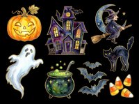 Halloween clipart set with pumpkin, ghost, witch, haunted house, black cat, bats, cauldron and candy corn, isolated on transparent background, ready for stickers and print on demand.