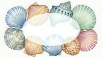 Watercolor seashells frame with scallop shells in pastel colors on white background, isolated marine border for coastal design and summer decoration.