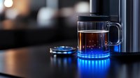 Glass mug with hot tea or coffee on illuminated blue LED coaster creating modern atmospheric glow effect against dark background, lifestyle beverage photography.