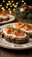 Smoked salmon canapes on dark bread with cream cheese and dill garnish served on festive plates with warm bokeh lights and holiday decorations in background.