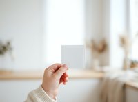 Caucasian woman's hand holding blank white square card in bright minimalist kitchen interior with natural daylight, suitable for branding, mockups, and product presentations.