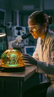 Female scientist in protective goggles examining glowing DNA helix model under glass dome in modern laboratory for genetic research and biotechnology studies.
