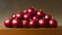 Fresh red onions arranged in rustic still life composition on wooden surface against dark background, dramatic lighting highlights natural texture and shine.