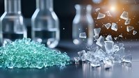 Shattered glass fragments and crystals on dark background with dramatic lighting effects and glass laboratory bottles, creating scientific atmosphere.