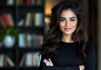 Young Hispanic woman with long dark wavy hair and bright smile wearing black sweater, standing with arms crossed against blurred bookshelf background in home office setting.