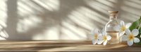 Plumeria flowers and massage oil bottle on wooden surface with natural shadow overlay creating spa atmosphere for wellness and relaxation concept.