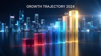 Growth trajectory 2024 with glowing neon bar chart showing quarterly progress Q1 through Q4 against illuminated city skyline backdrop for business analytics.