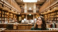Young woman with long dark hair and medium skin tone, wearing a green sweater, smiling while looking upward in a historic library with wooden bookshelves. Suitable for education, learning, and knowledge concepts.