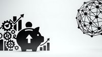 Business growth concept with piggy bank, gears, charts and geometric network sphere on white background for financial planning presentations.