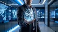 Professional businessman holding glowing 24/7 hologram in modern tech office representing continuous service and digital transformation solutions.