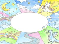 Magical fantasy frame with unicorns, rainbow, moon, stars and clouds. Fairy tale border design for children stories, invitations and decorative projects.
