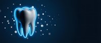 Glowing tooth with blue neon outline on dark background with sparkling particles for dental care and oral health concepts.