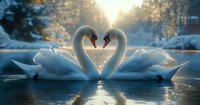 Pair of white swans forming heart shape on winter lake at sunset, with snowy forest background and golden sunlight reflecting on icy water surface.