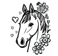 Decorative horse head sketch with flowers and hearts on white background, black line art style drawing suitable for coloring books, tattoo designs and crafts.