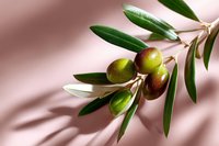 Fresh green olives and leaves on olive branch against pink background with natural shadow overlay, Mediterranean cuisine and harvest concept.