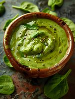 Fresh green spinach soup garnished with olive oil, black pepper and herbs served in rustic ceramic bowl, surrounded by raw spinach leaves on dark background.