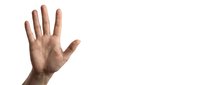 Open hand gesture showing five fingers against white background, isolated for design use in presentations, communication concepts, and graphic projects.