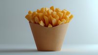 Golden crispy french fries in brown paper container on light background, minimalist food photography for restaurant menu and advertising design.