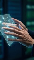 Hands interacting with futuristic holographic interface displaying digital data and glowing elements in modern technology environment for business applications.