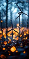 Wind turbines silhouetted against moody blue sky with glowing orange bokeh lights creating magical atmosphere. Renewable energy concept for sustainability.