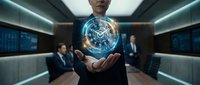 A businessman in a dark suit holds a glowing digital globe displaying global network connections and data analytics in a modern corporate office environment with colleagues.
