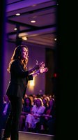 Professional businesswoman delivering keynote presentation at corporate conference with purple stage lighting and engaged audience in modern venue.