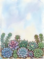 Watercolor succulent garden border with colorful plants and soft pastel sky background for botanical designs and natural decor projects.