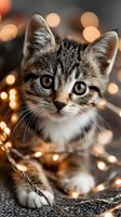 Adorable tabby kitten with bright eyes surrounded by warm golden bokeh lights creating magical holiday atmosphere for festive greeting cards and pet advertisements.
