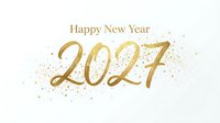 Happy New Year 2027 greeting card with gold metallic text and sparkling confetti particles on white background, suitable for holiday celebrations and festive designs.