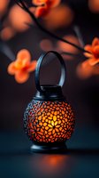 Glowing oriental lantern with intricate floral pattern casting warm orange light against dark background with blurred orange flowers creating magical ambiance.