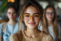 Young Asian woman wearing yellow glasses and beige sweater smiling warmly at camera, with soft bokeh background and two female friends out of focus behind her.