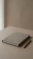 Minimalist workspace with linen-covered notebook and golden pen on neutral beige desk. Clean aesthetic for journaling, writing, planning and office stationery.