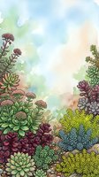 Watercolor succulent garden with colorful plants in green, purple, and pink tones on a soft pastel background, perfect for prints and cards.